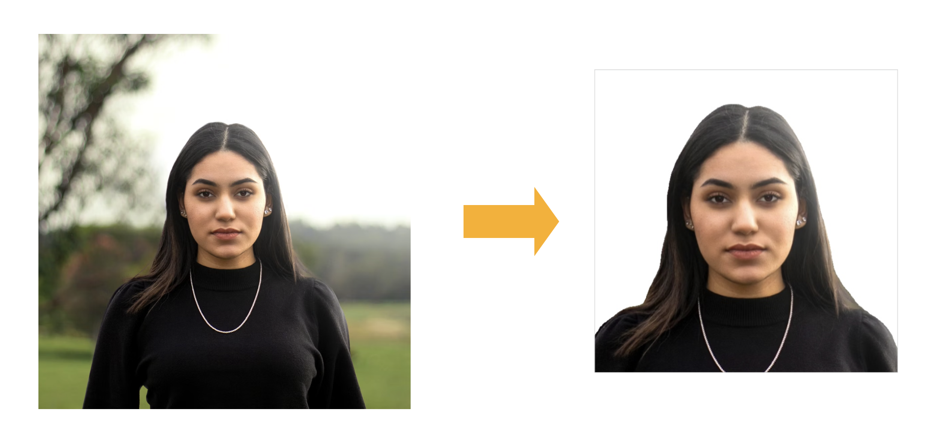 Passport photo example - before and after background removal and cropping
